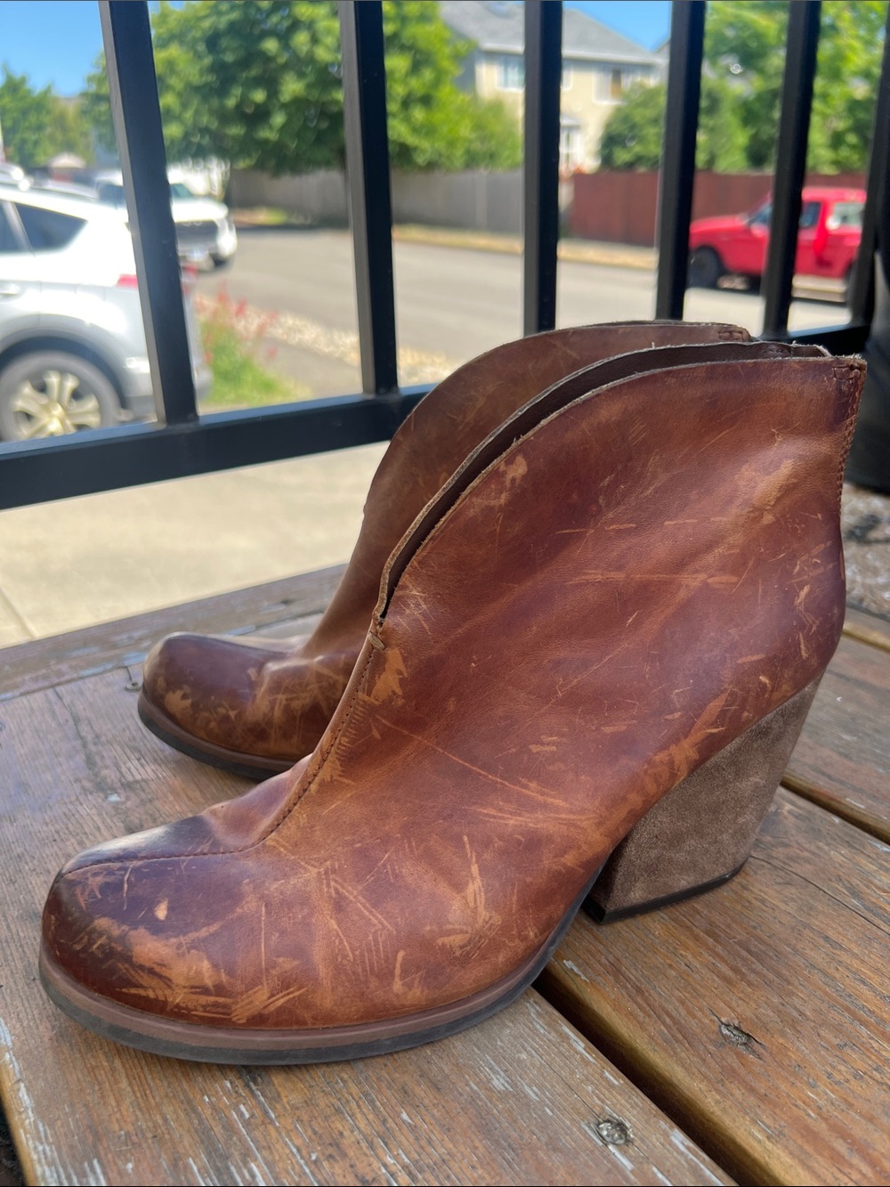 Kork-Ease Brown Leather Ankle Booties with Suede Wedge